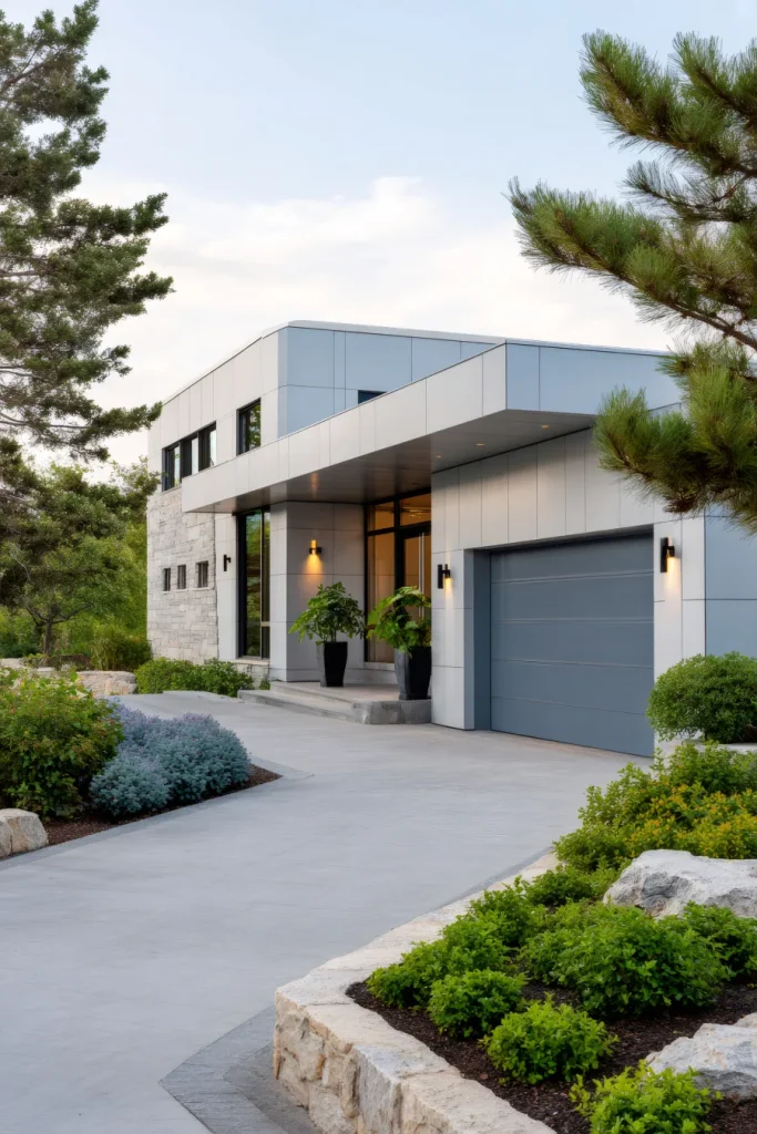 modern home exterior with driveway and landscaping photo 1